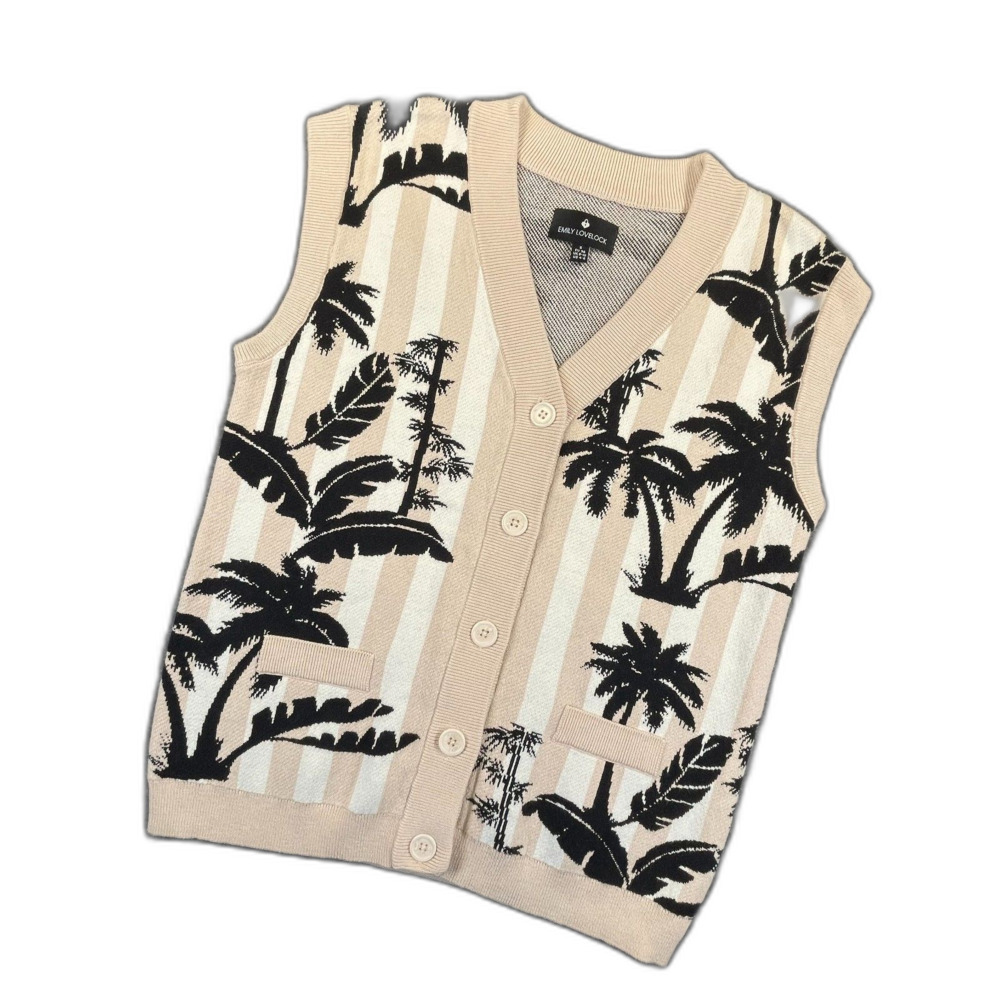 Emily Lovelock Palm Tree Knit Sweater Vest S Beige Stripe Tropical Luxury Layer